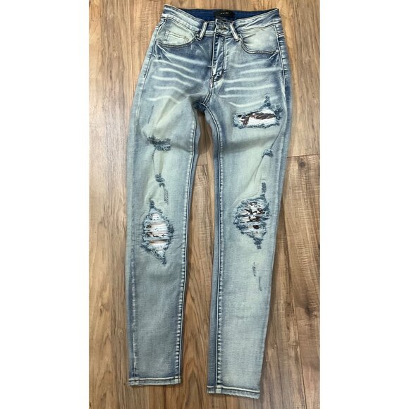 NWT AMIRI Men's JEANS SIZEPatches Distressed Denim Light Wash Zip26/20